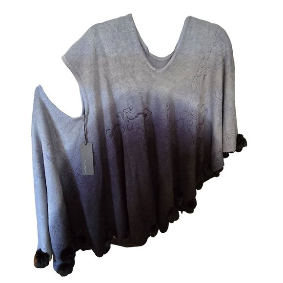 Sugar Sweaters - Sugar Ombre Gray Floral Poncho One Size Black Pom Pom Trim Flowy Brushed Cotton